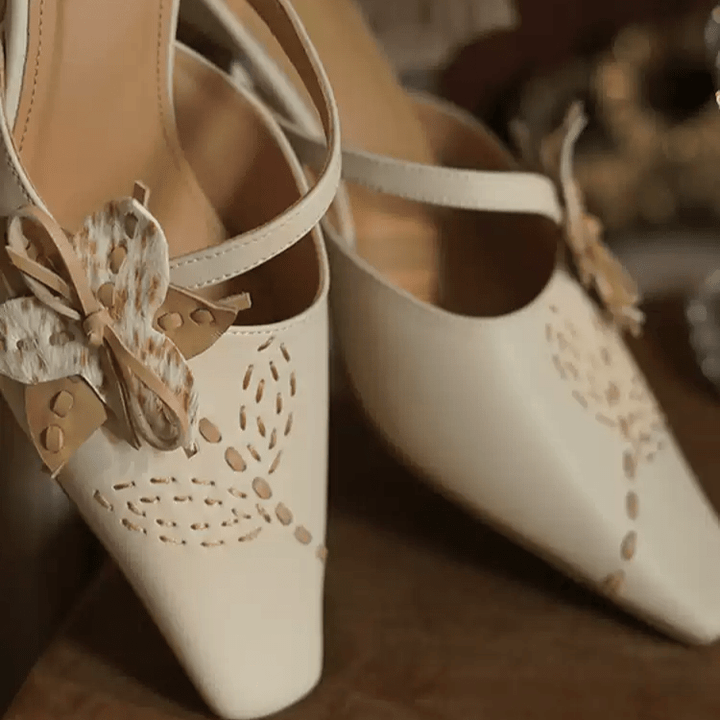 "Whispers of Blossom" – Handmade Vintage Bow - Embellished Leather Mules - WonderlandByLilian