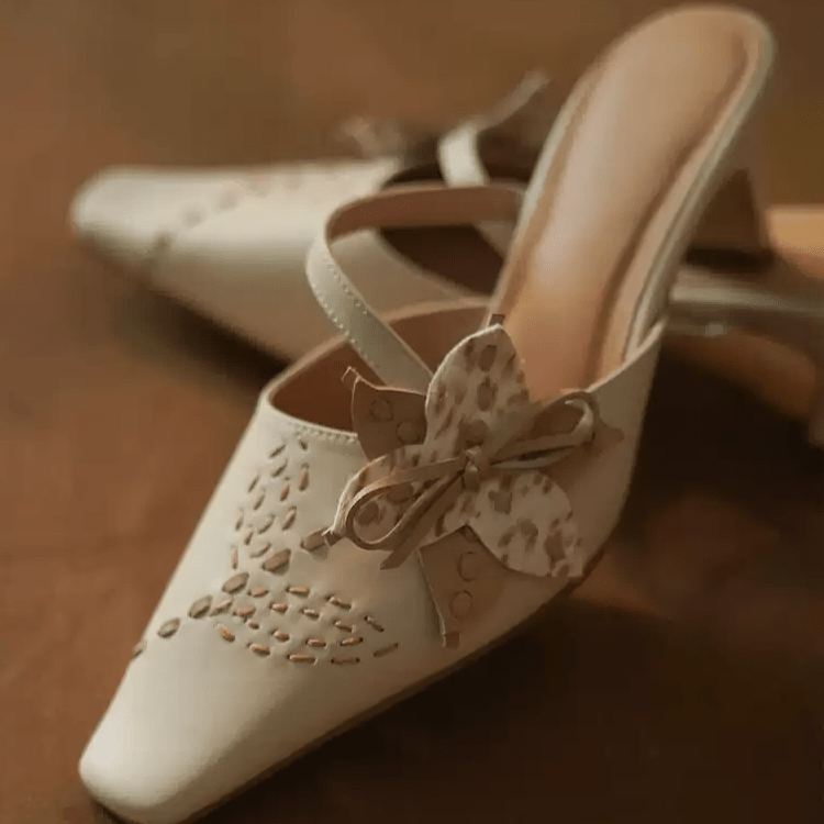 "Whispers of Blossom" – Handmade Vintage Bow - Embellished Leather Mules - WonderlandByLilian