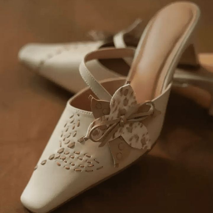 "Whispers of Blossom" – Handmade Vintage Bow - Embellished Leather Mules - WonderlandByLilian