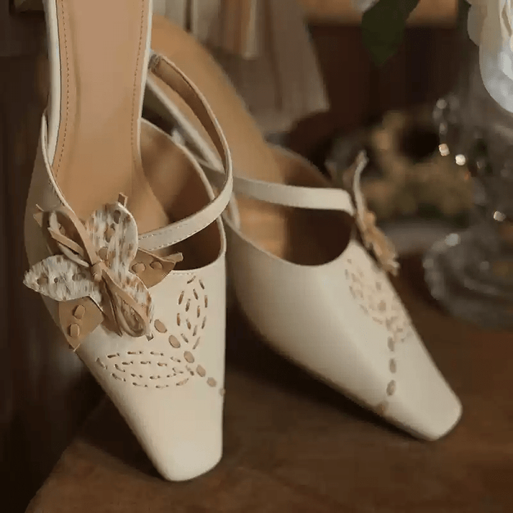 "Whispers of Blossom" – Handmade Vintage Bow - Embellished Leather Mules - WonderlandByLilian