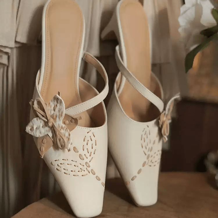 "Whispers of Blossom" – Handmade Vintage Bow - Embellished Leather Mules - WonderlandByLilian