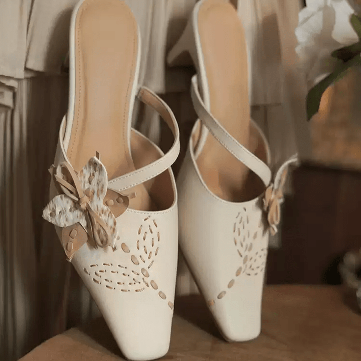 "Whispers of Blossom" – Handmade Vintage Bow - Embellished Leather Mules - WonderlandByLilian