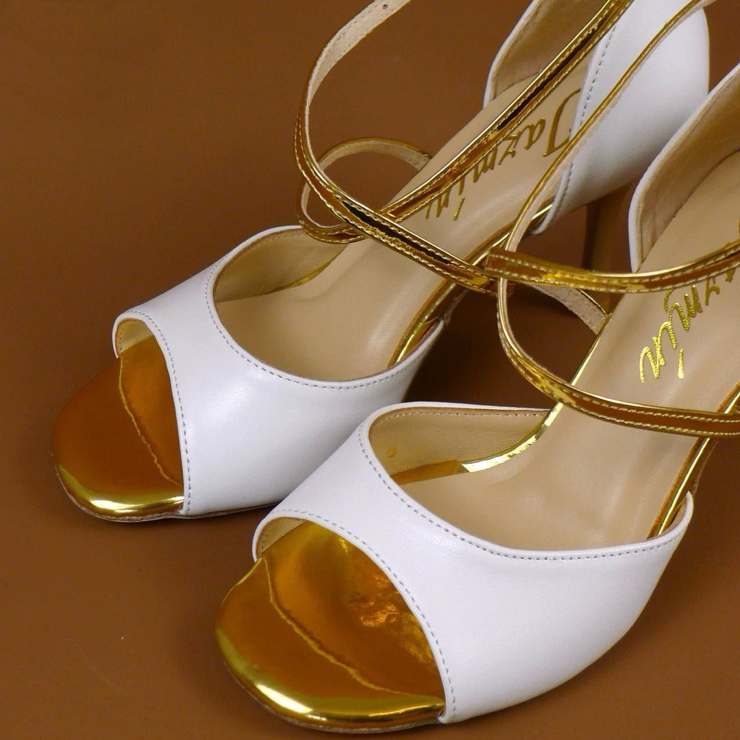 Whispers of Gold – Handmade Leather White & Gold Tango Heels - WonderlandByLilian