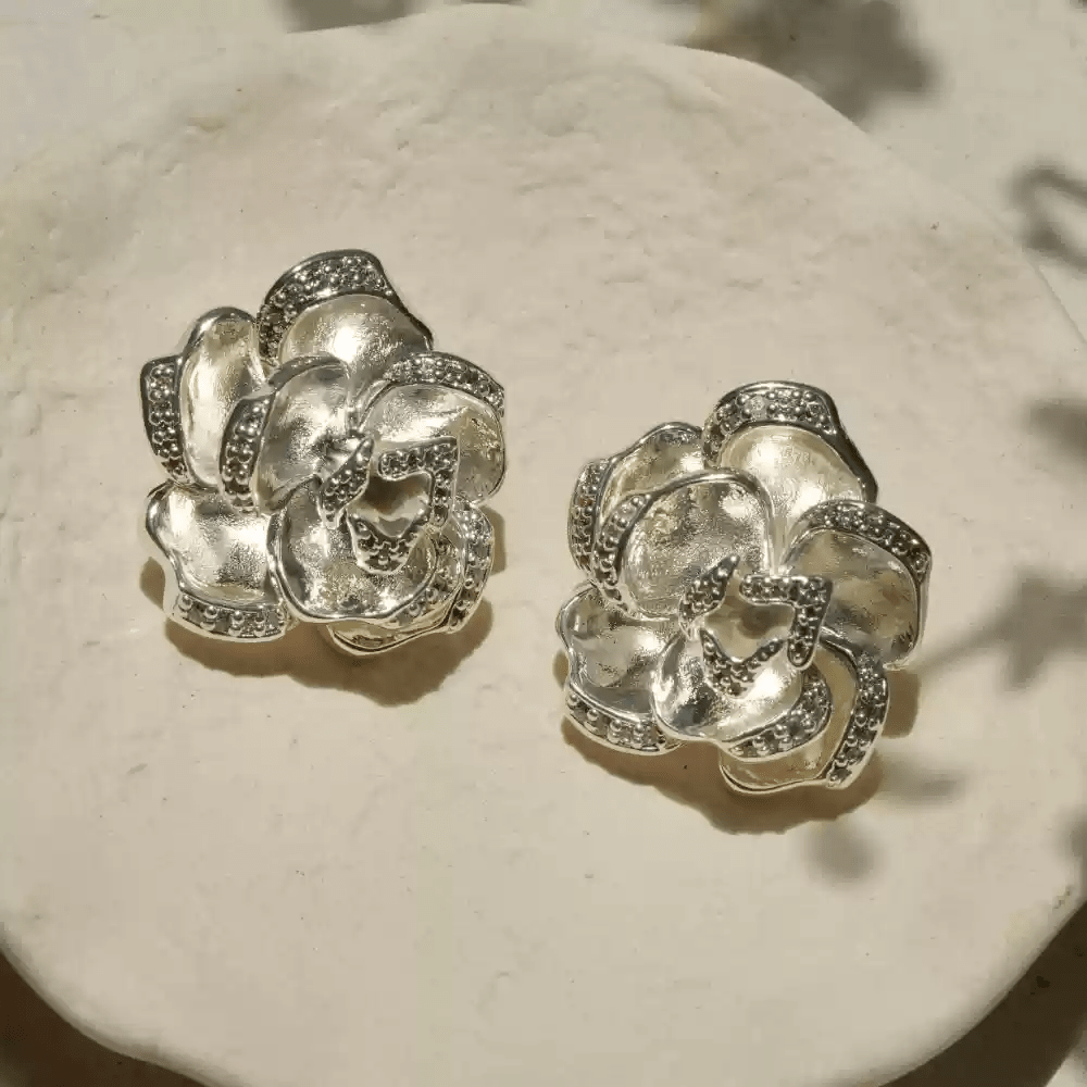 Whispers of Rose – Vintage Silver Camellia Earrings - La Vie en Rose - WonderlandByLilian