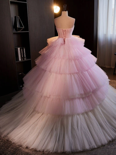 White and Pink Tiered Tulle Evening Dress - Pink Corset Back Tulle Wedding Dress Plus Size - WonderlandByLilian