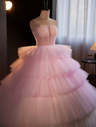 White and Pink Tiered Tulle Evening Dress - Pink Corset Back Tulle Wedding Dress Plus Size - WonderlandByLilian
