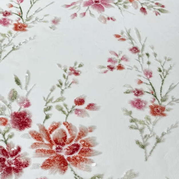 White and Red 3D Floral Embroidery Lace Fabric with Sequins - WonderlandByLilian