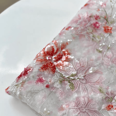 White and Red 3D Floral Embroidery Lace Fabric with Sequins - WonderlandByLilian