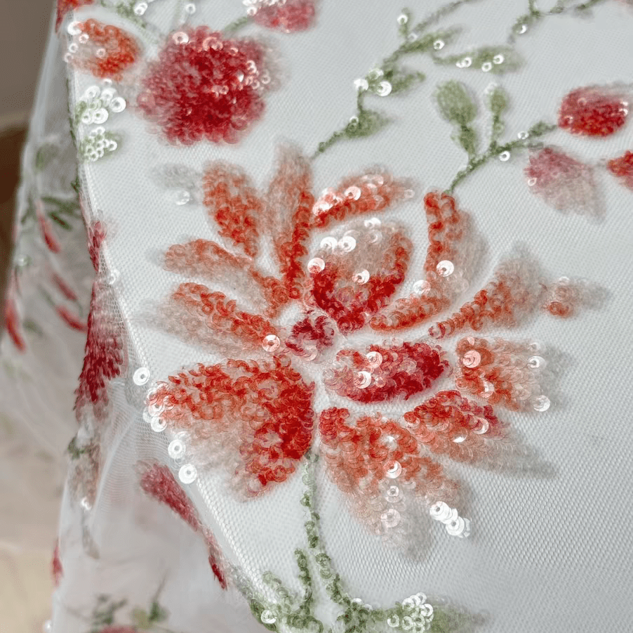 White and Red 3D Floral Embroidery Lace Fabric with Sequins - WonderlandByLilian