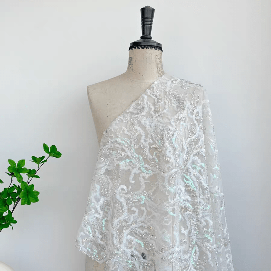 White Bridal Sequin and Bead Embroidered Lace Fabric - WonderlandByLilian