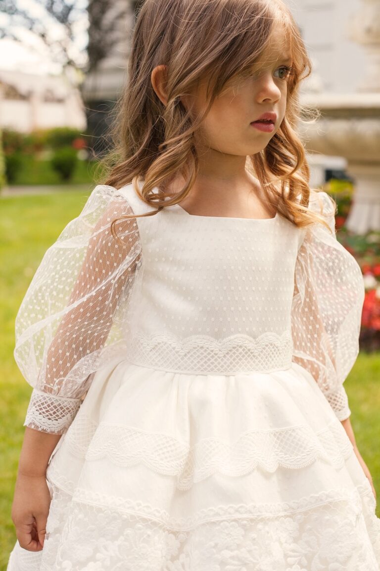 White Cotton Macramé Lace Plus Size Girl’s Dress – Maya Knee - Length Party Gown with Semi - Sheer 3/4 Sleeves for Special Occasions - WonderlandByLilian