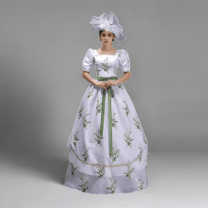 White Elegance with Green Print Rococo Ball Gown – Exquisite Baroque Style with Waist Bow Tie Plus Size - WonderlandByLilian