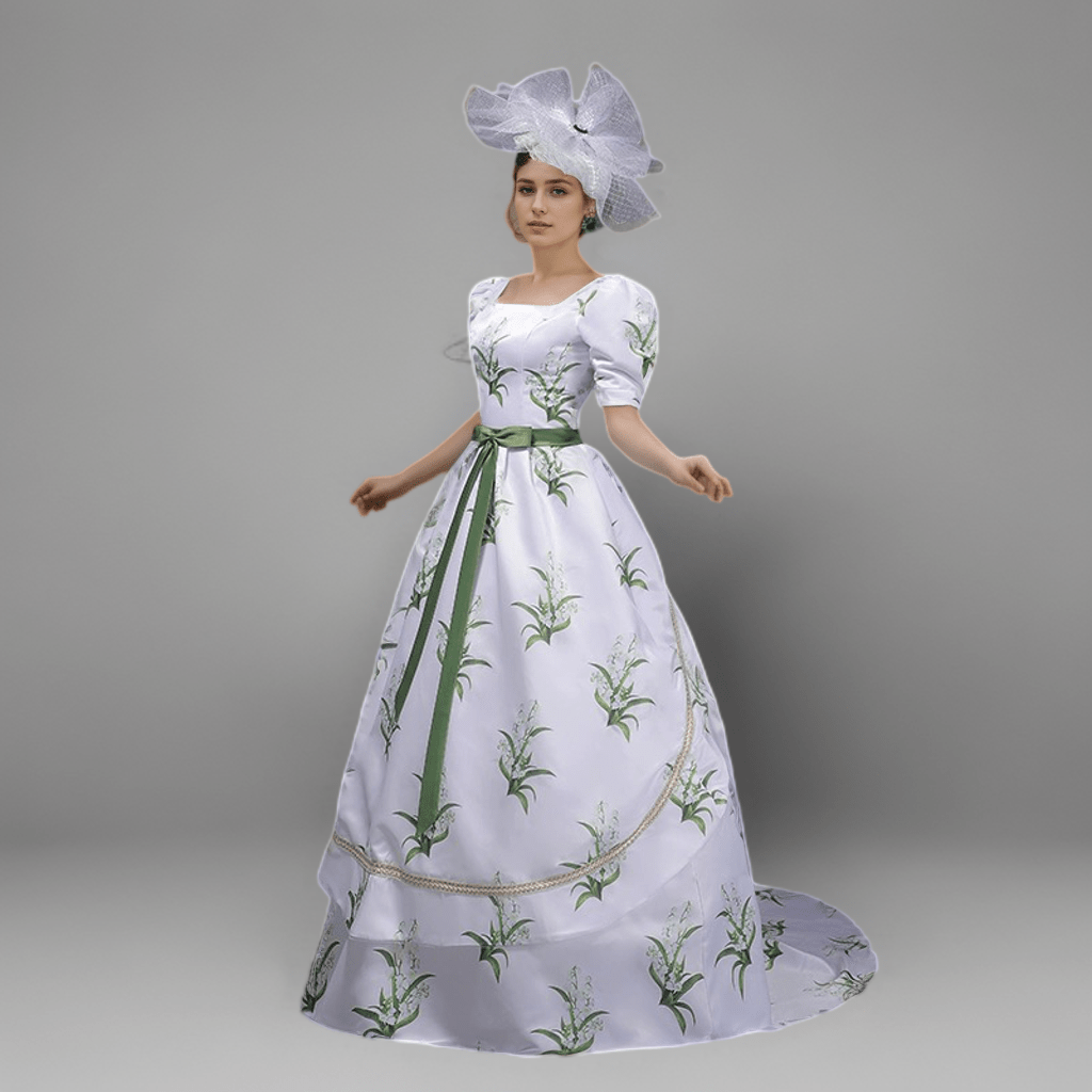 White Elegance with Green Print Rococo Ball Gown – Exquisite Baroque Style with Waist Bow Tie Plus Size - WonderlandByLilian