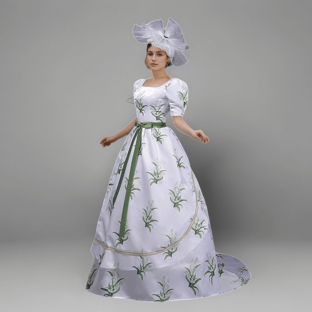 White Elegance with Green Print Rococo Ball Gown Exquisite Baroque Style with Waist Bow Tie Plus Size Size 20W / White White Elegance with Green Print Rococo Ball Gown Exquisite Baroque Style with Waist Bow Tie Plus Size Size 20W / White