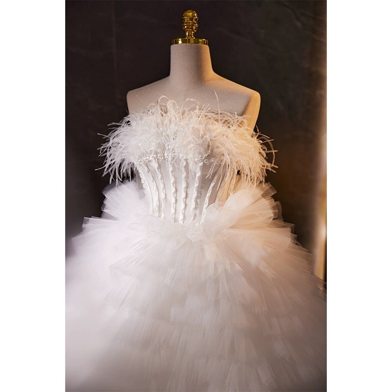 White Feather Embellished Tulle Party Dress with Corset - White Layered Tulle Ruffle Dress Plus Size - WonderlandByLilian