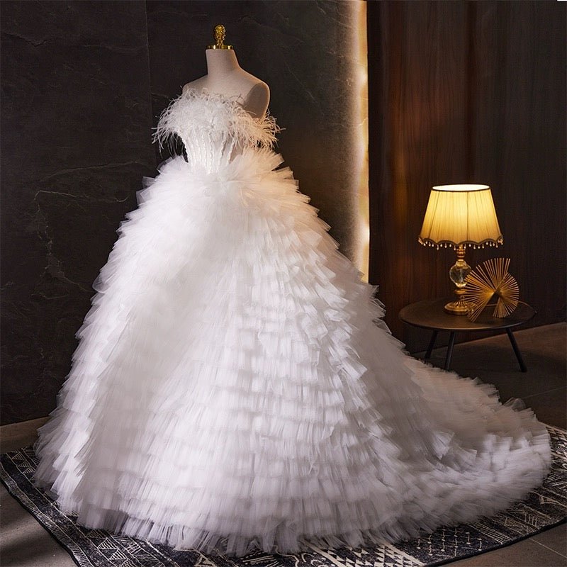 White Feather Embellished Tulle Party Dress with Corset - White Layered Tulle Ruffle Dress Plus Size - WonderlandByLilian