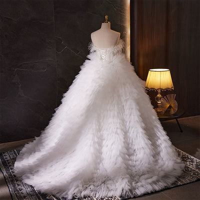 White Feather Embellished Tulle Party Dress with Corset - White Layered Tulle Ruffle Dress Plus Size - WonderlandByLilian