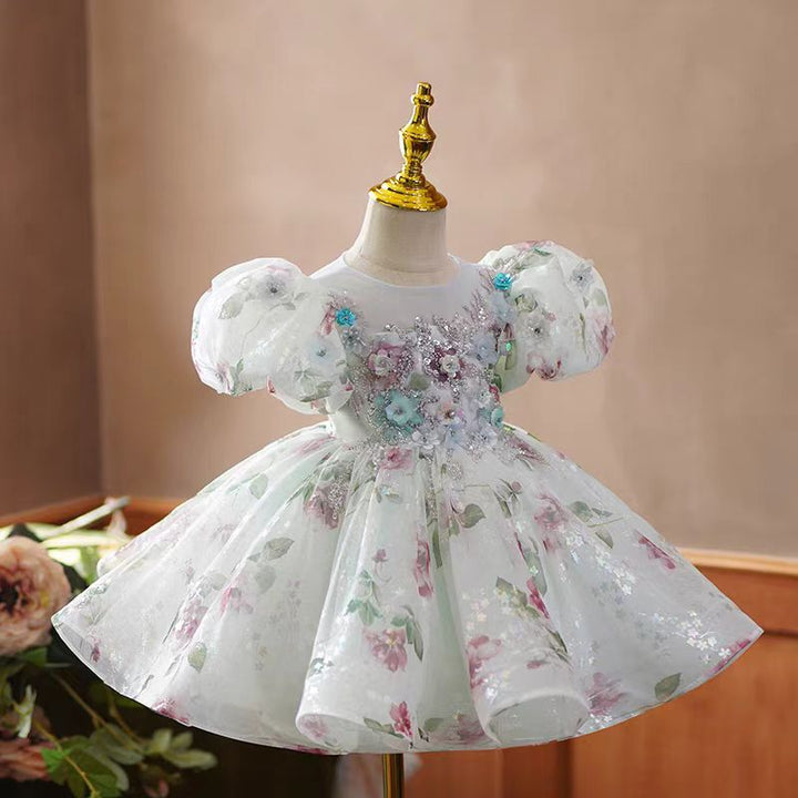 White Floral Print Tulle Flower Girl Dress for Wedding – Puff Sleeve Plus Size - WonderlandByLilian