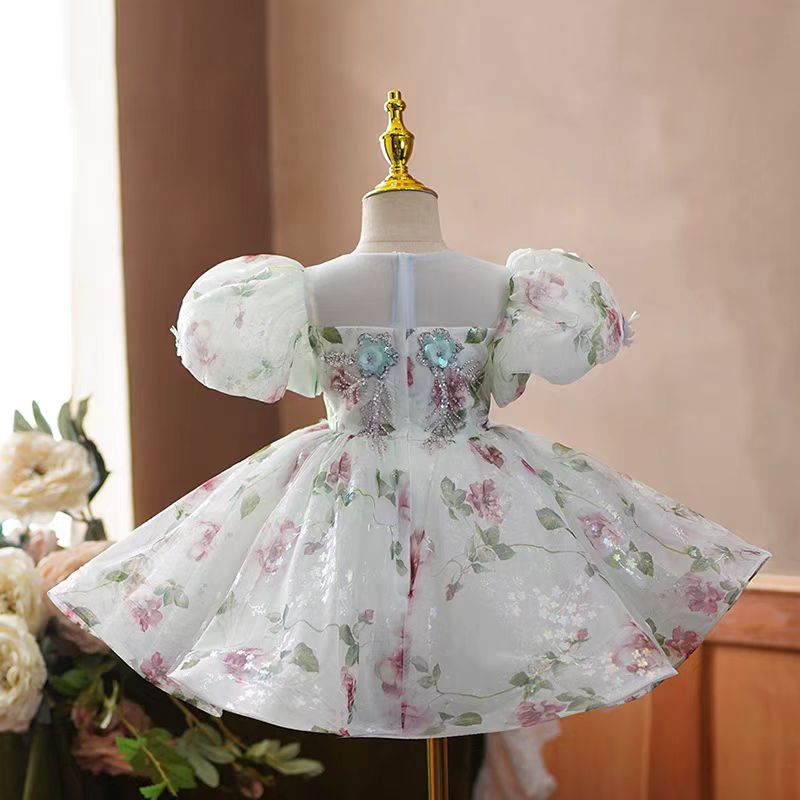 White Floral Print Tulle Flower Girl Dress for Wedding – Puff Sleeve Plus Size - WonderlandByLilian