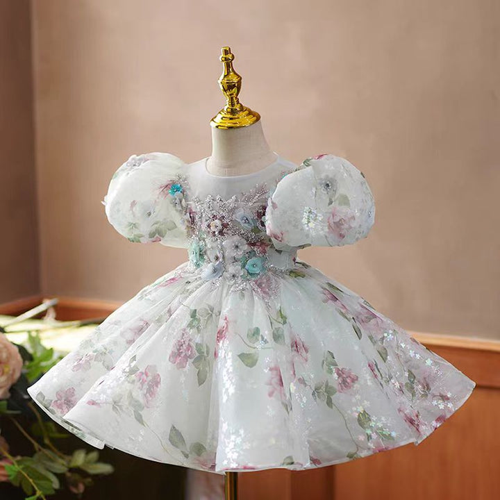 White Floral Print Tulle Flower Girl Dress for Wedding – Puff Sleeve Plus Size - WonderlandByLilian