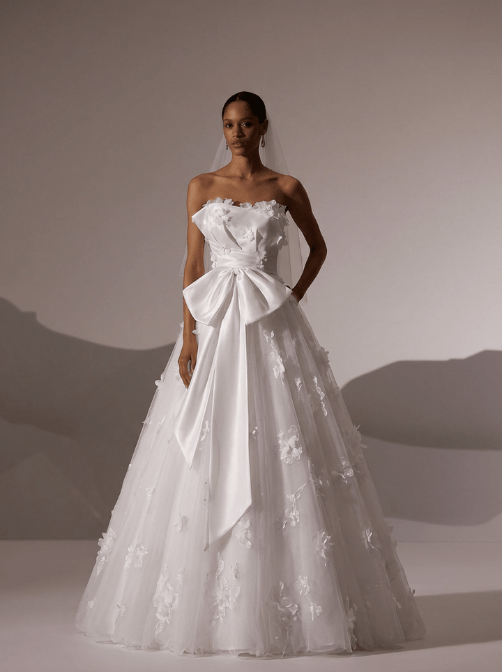 White Floral Wedding Dress with Bow – Ball Gown Wedding Dresses Princess with Strapless