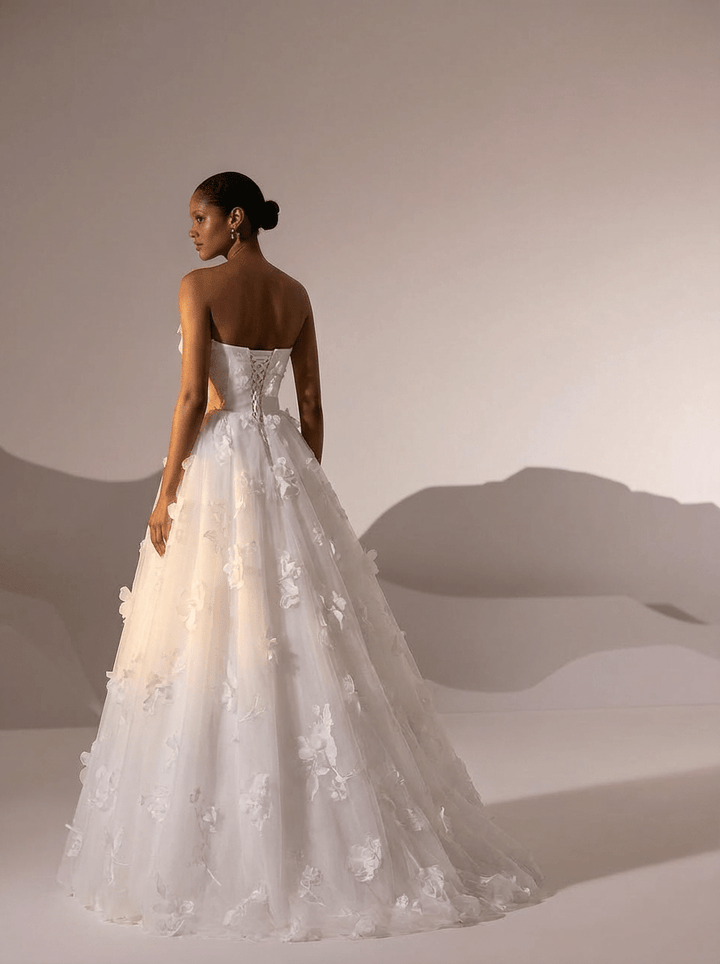 White Floral Wedding Dress with Bow – Ball Gown Wedding Dresses Princess with Strapless - Fairytale Wedding Dress Plus Size - WonderlandByLilian