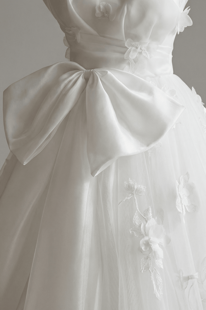White Floral Wedding Dress with Bow – Ball Gown Wedding Dresses Princess with Strapless - Fairytale Wedding Dress Plus Size - WonderlandByLilian