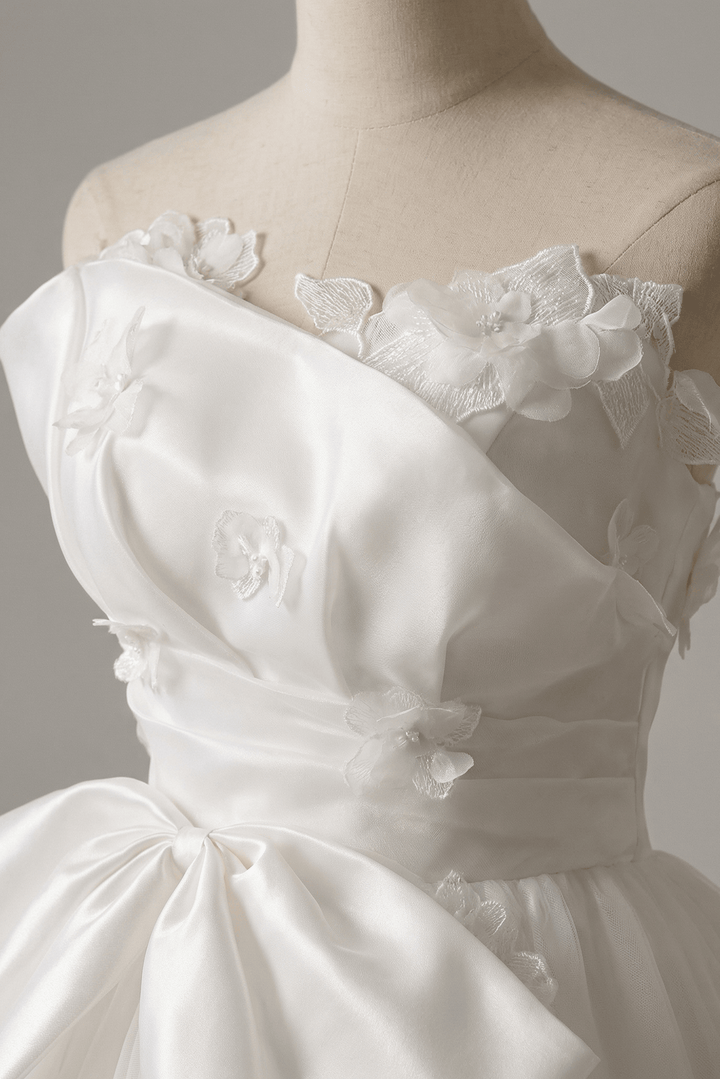 White Floral Wedding Dress with Bow – Ball Gown Wedding Dresses Princess with Strapless - Fairytale Wedding Dress Plus Size - WonderlandByLilian