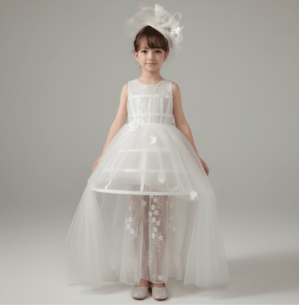 White Flower Girl Dress for Wedding – Elegant Tulle Flower Girl Dress with Lace Appliqué Plus Size - WonderlandByLilian