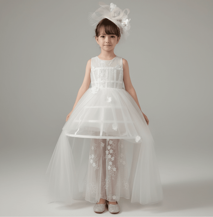 White Flower Girl Dress for Wedding – Elegant Tulle Flower Girl Dress with Lace Appliqué Plus Size - WonderlandByLilian