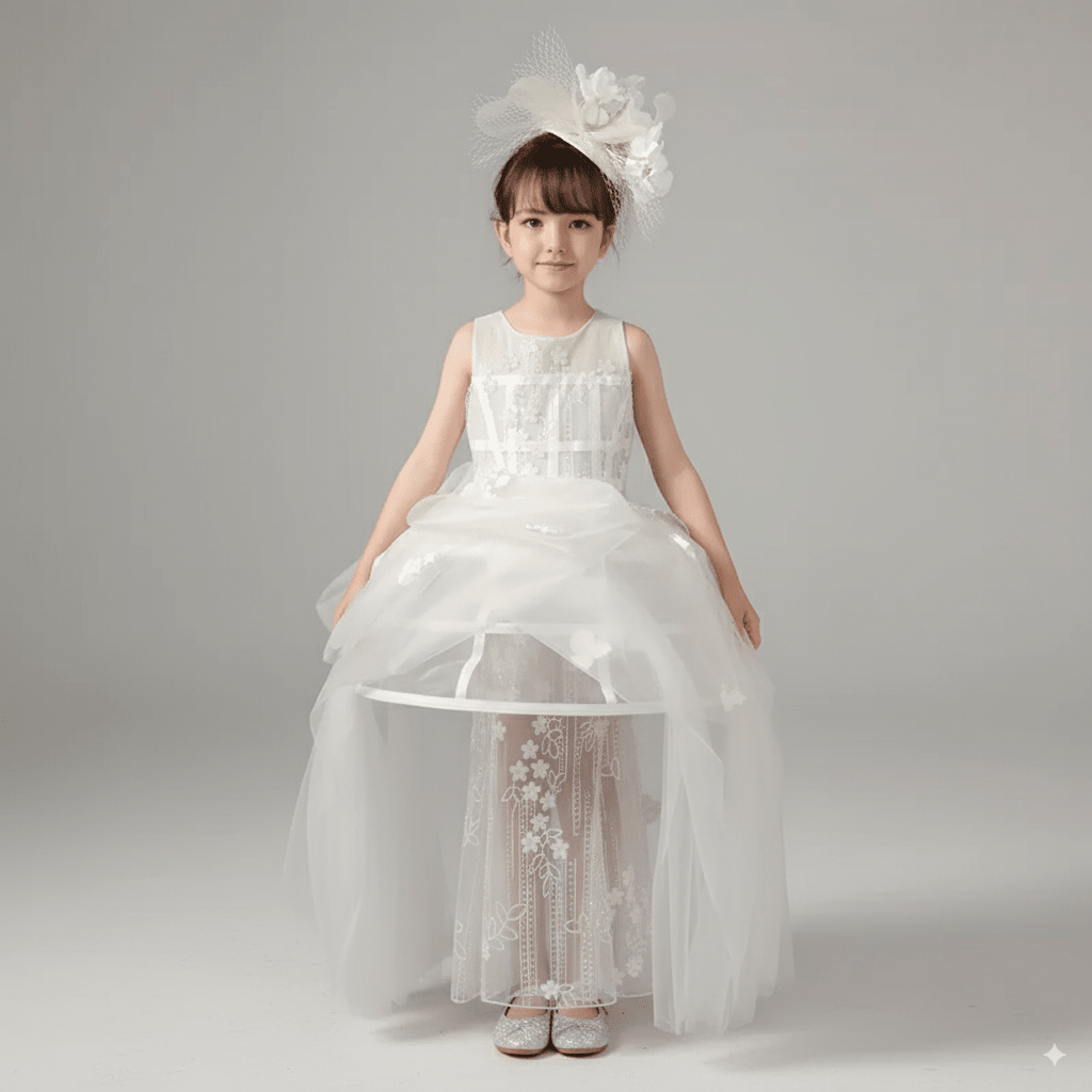 White Flower Girl Dress for Wedding – Elegant Tulle Flower Girl Dress with Lace Appliqué Plus Size - WonderlandByLilian