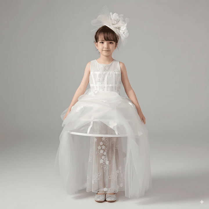White Flower Girl Dress for Wedding – Elegant Tulle Flower Girl Dress with Lace Appliqué Plus Size - WonderlandByLilian