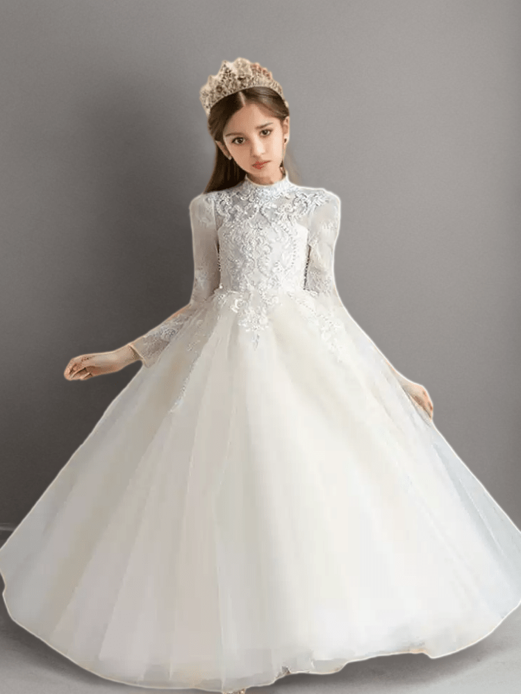 White High Neck Lace Flower Girl Dress with Long Sleeves – Elegant Tulle Flower Girl Dress Plus Size 4Y / White