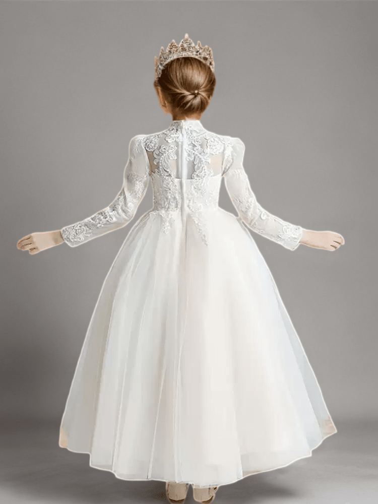 White High Neck Lace Flower Girl Dress with Long Sleeves – Elegant Tulle Flower Girl Dress Plus Size - WonderlandByLilian