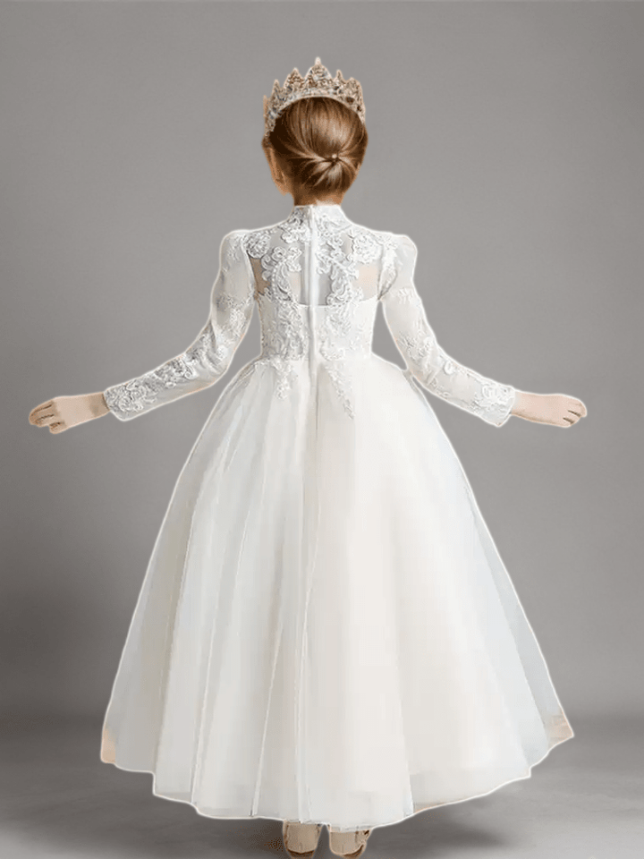 White High Neck Lace Flower Girl Dress with Long Sleeves – Elegant Tulle Flower Girl Dress Plus Size - WonderlandByLilian