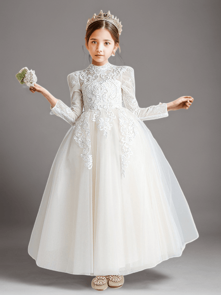 White High Neck Lace Flower Girl Dress with Long Sleeves – Elegant Tulle Flower Girl Dress Plus Size 4Y / White