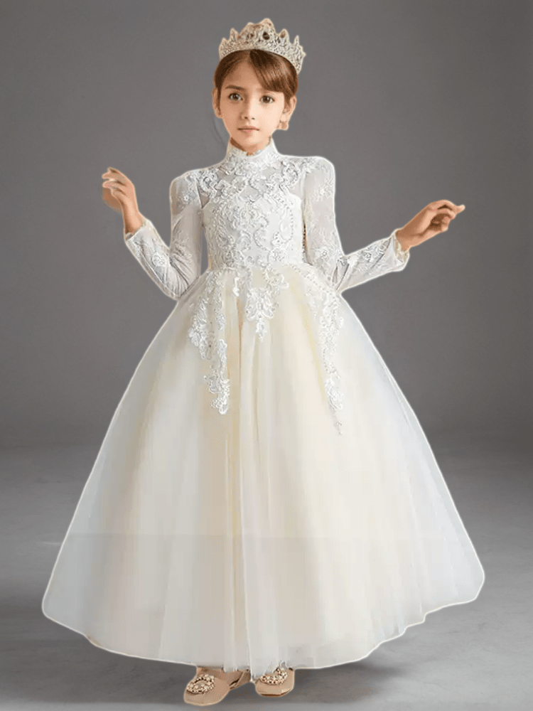 White High Neck Lace Flower Girl Dress with Long Sleeves – Elegant Tulle Flower Girl Dress Plus Size - WonderlandByLilian