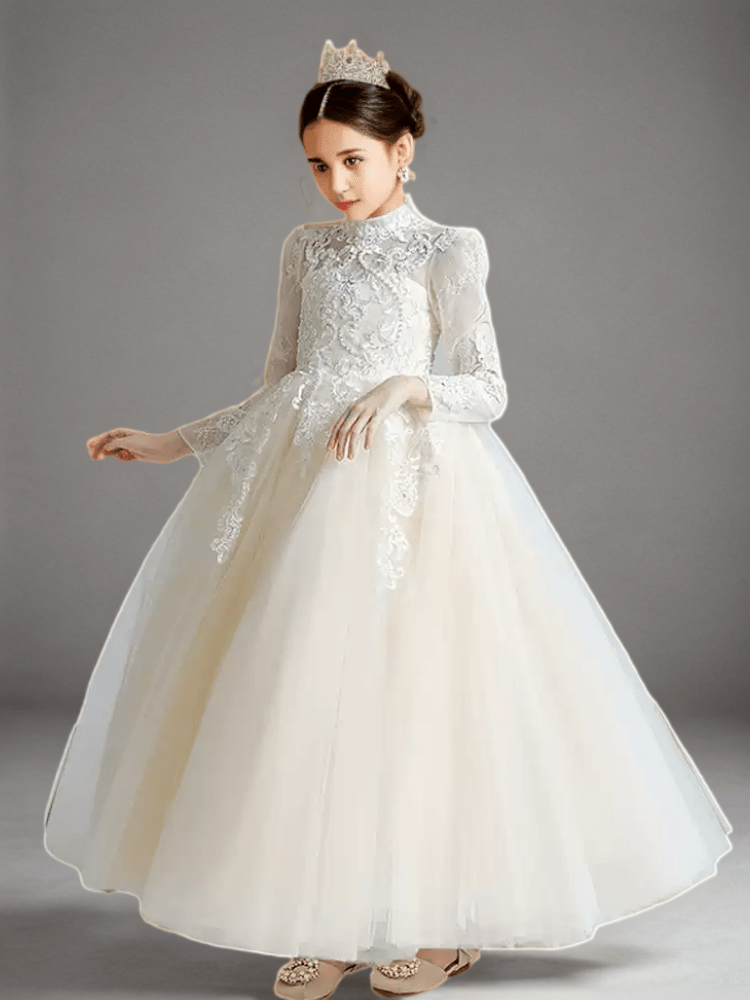 White High Neck Lace Flower Girl Dress with Long Sleeves – Elegant Tulle Flower Girl Dress Plus Size 4Y / White