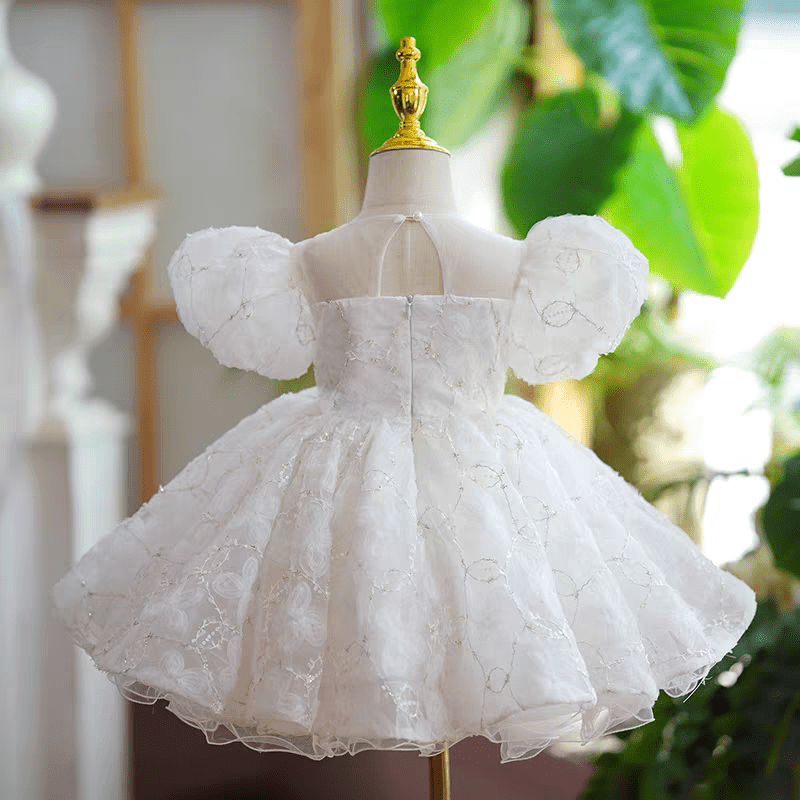 White Lace Flower Girl Dress for Wedding – Puff Sleeve Tulle Plus Size - WonderlandByLilian