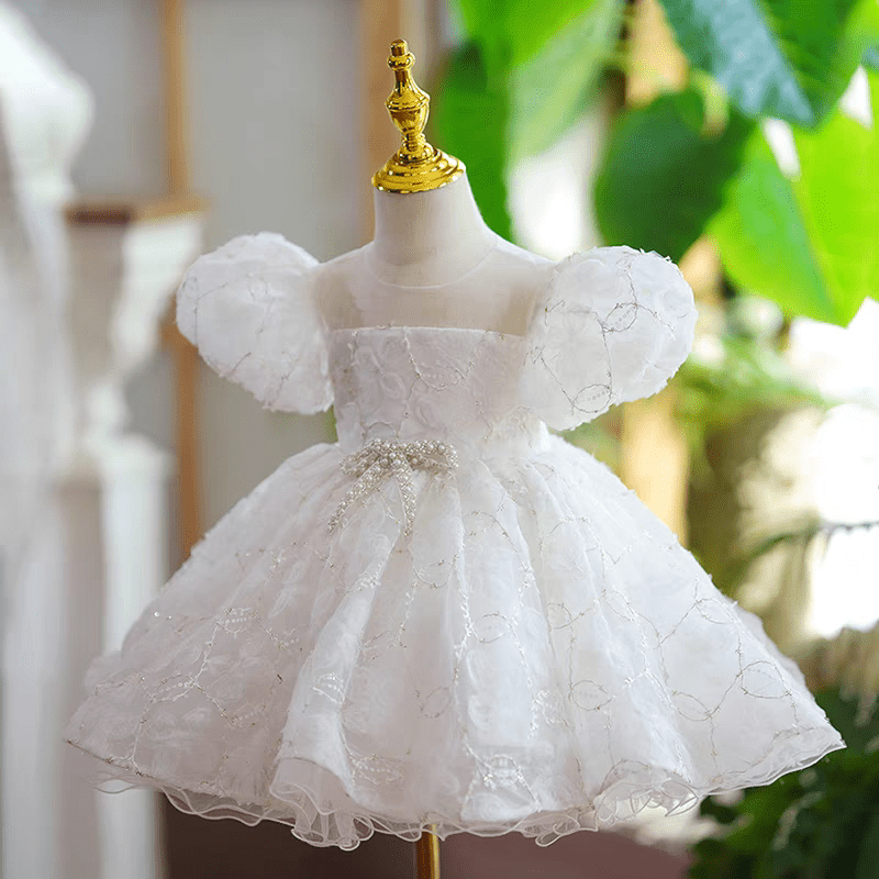 White Lace Flower Girl Dress for Wedding – Puff Sleeve Tulle Plus Size - WonderlandByLilian