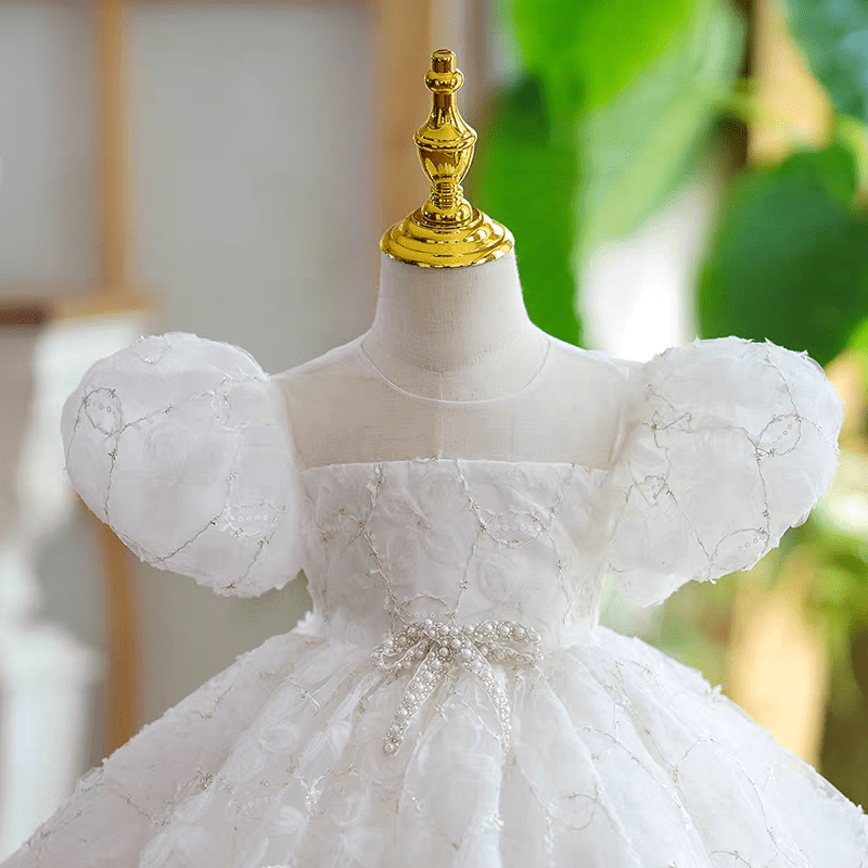 White Lace Flower Girl Dress for Wedding – Puff Sleeve Tulle Plus Size - WonderlandByLilian