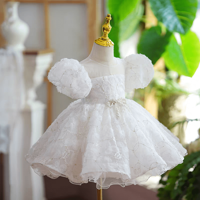 White Lace Flower Girl Dress for Wedding – Puff Sleeve Tulle Plus Size - WonderlandByLilian