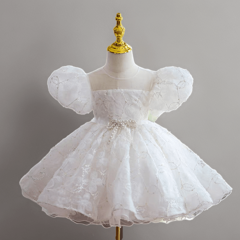 White Lace Flower Girl Dress for Wedding – Puff Sleeve Tulle Plus Size - WonderlandByLilian