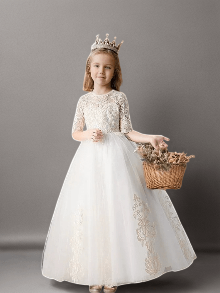 White Lace Flower Girl Dress with Half Sleeves and Embroidery – Elegant Tulle Princess Dress Plus Size - WonderlandByLilian