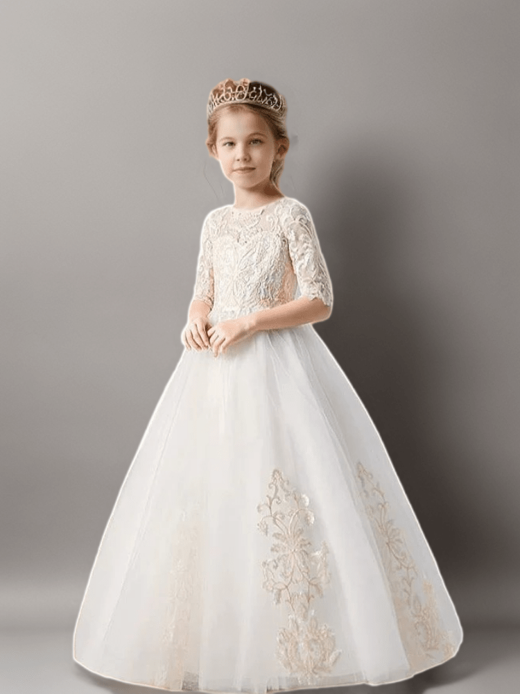 White Lace Flower Girl Dress with Half Sleeves and Embroidery – Elegant Tulle Princess Dress Plus Size - WonderlandByLilian