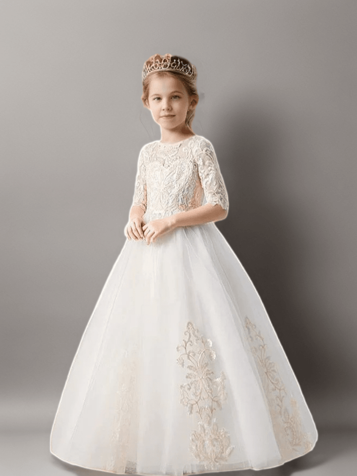 White Lace Flower Girl Dress with Half Sleeves and Embroidery – Elegant Tulle Princess Dress Plus Size - WonderlandByLilian
