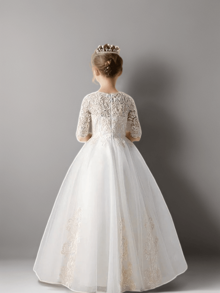 White Lace Flower Girl Dress with Half Sleeves and Embroidery – Elegant Tulle Princess Dress Plus Size - WonderlandByLilian