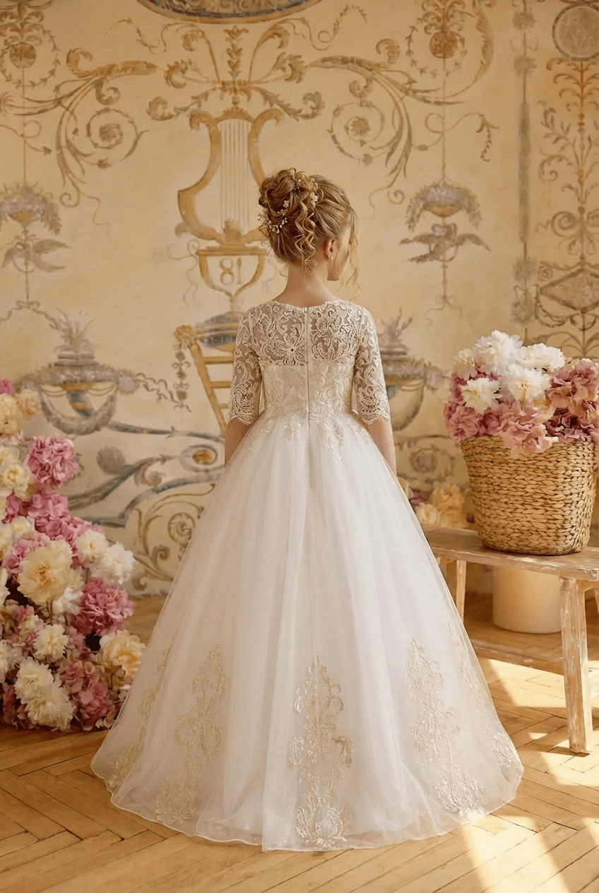White Lace Flower Girl Dress with Half Sleeves and Embroidery – Elegant Tulle Princess Dress Plus Size - WonderlandByLilian