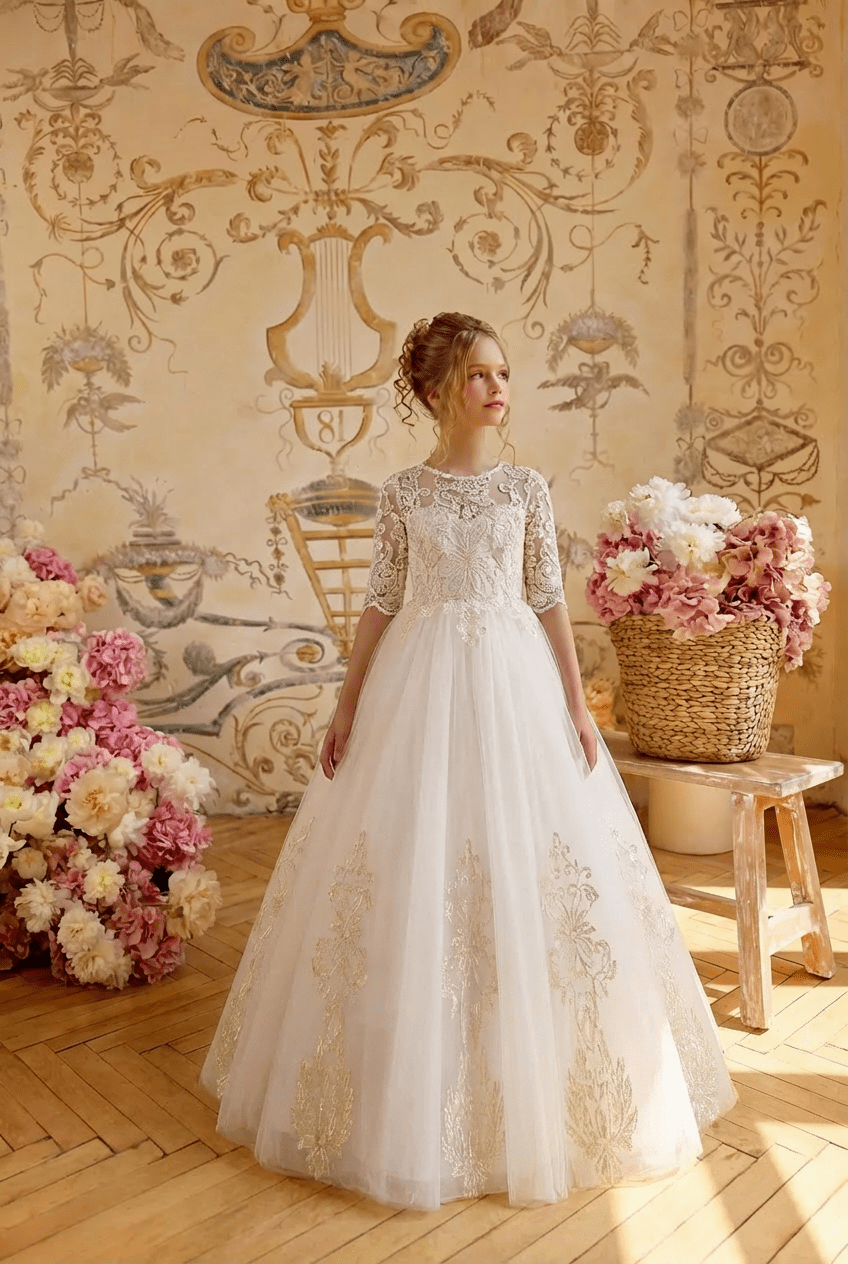 White Lace Flower Girl Dress with Half Sleeves and Embroidery – Elegant Tulle Princess Dress Plus Size - WonderlandByLilian