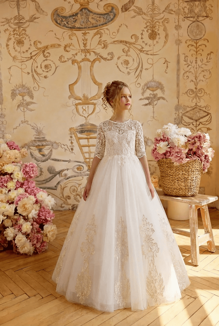 White Lace Flower Girl Dress with Half Sleeves and Embroidery – Elegant Tulle Princess Dress Plus Size - WonderlandByLilian